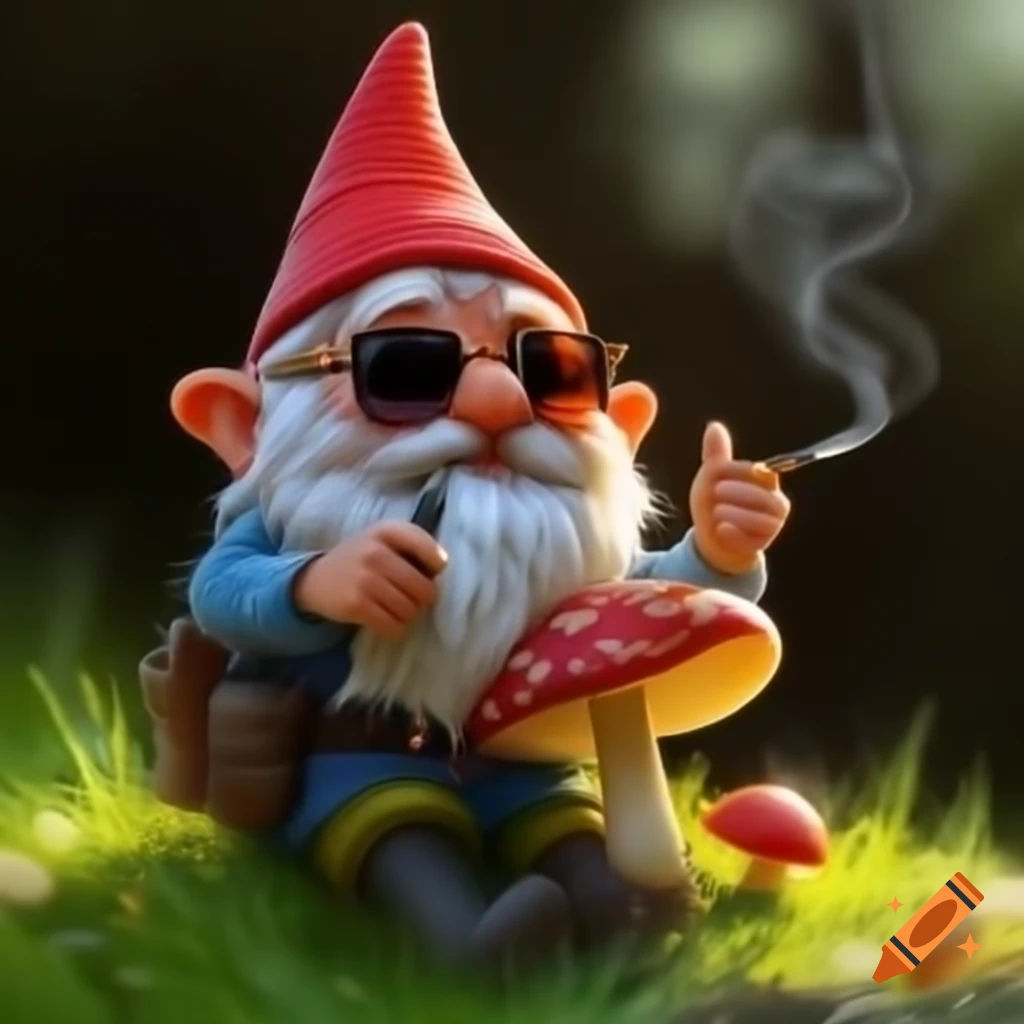Gnome with sunglasses sitting on mushroom