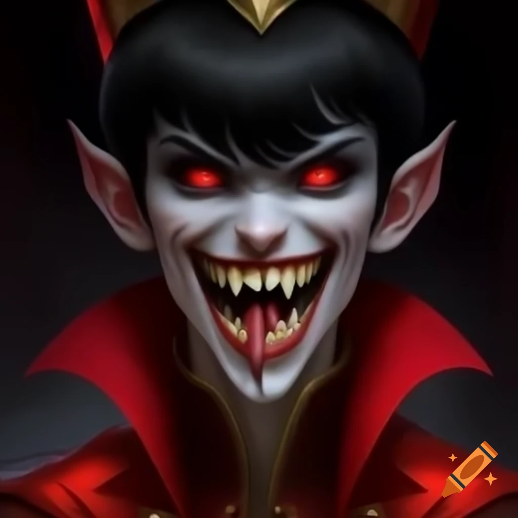 Vampire lord with red eyes and black hair in red caftan with golden cape