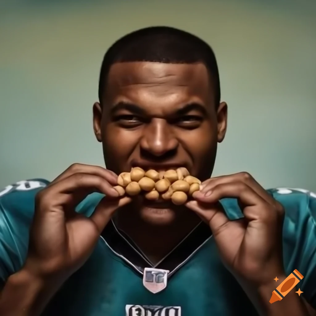 Saquon Barkley in Eagles jersey enjoying peanuts, realistic depiction