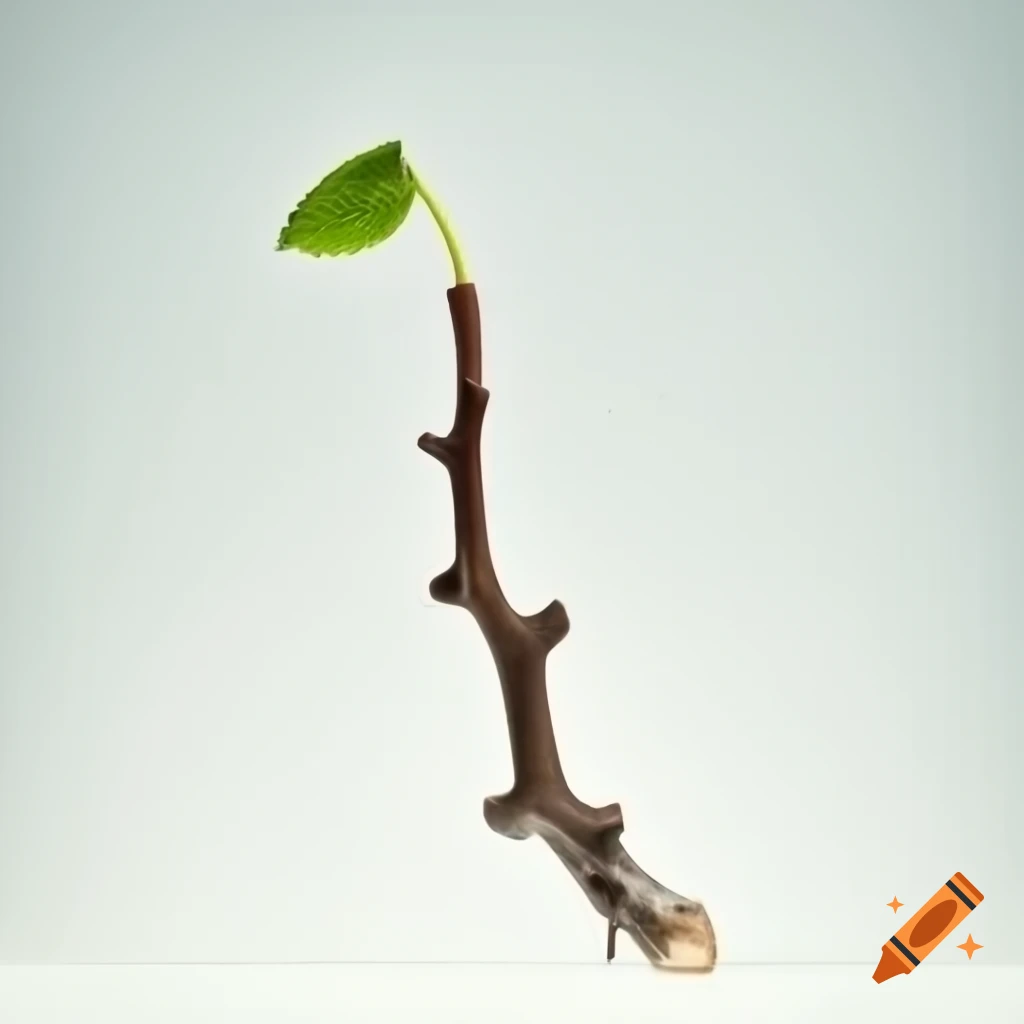 Dead branch with green sprout growing against white background