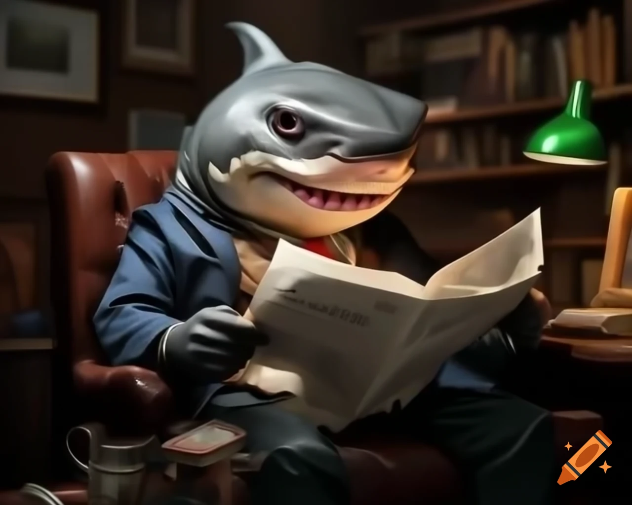 Anthropomorphic shark reading newspaper in hyper-realistic photography