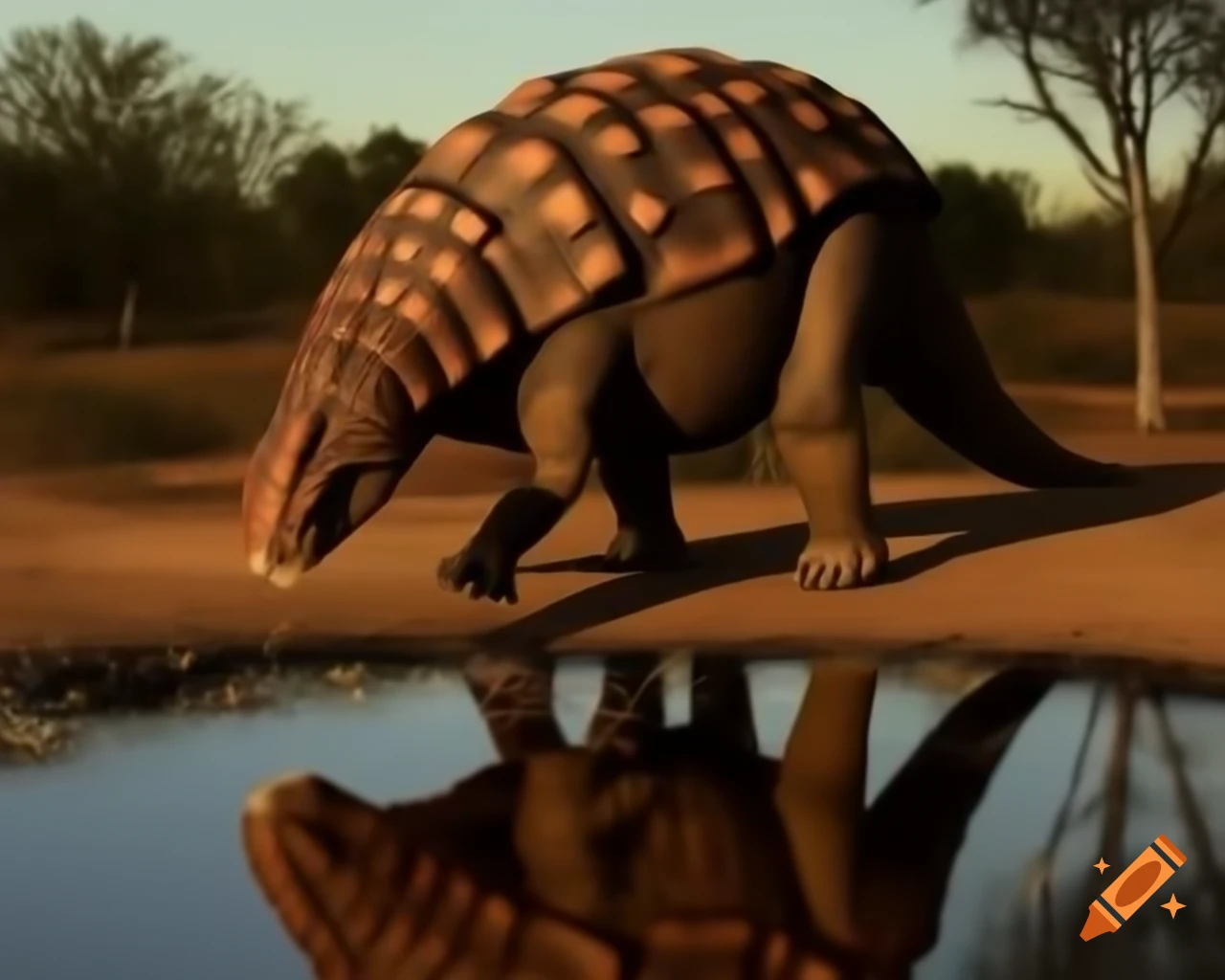 Ankylosaurus drinking from pond in sunny clearing with trees and bushland