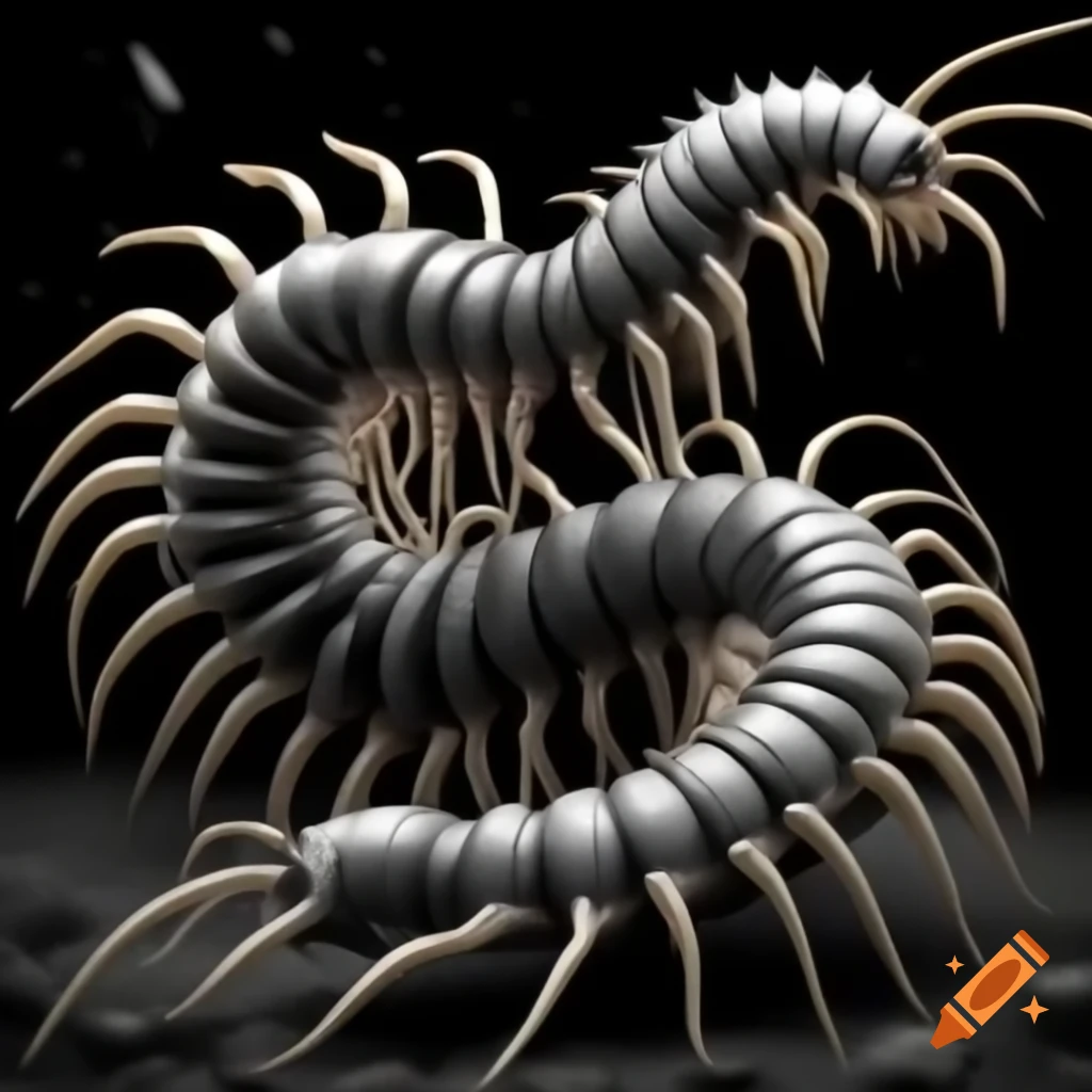 Nightmarish monochrome centipede with exaggerated segments and chaotic movement, Giger style