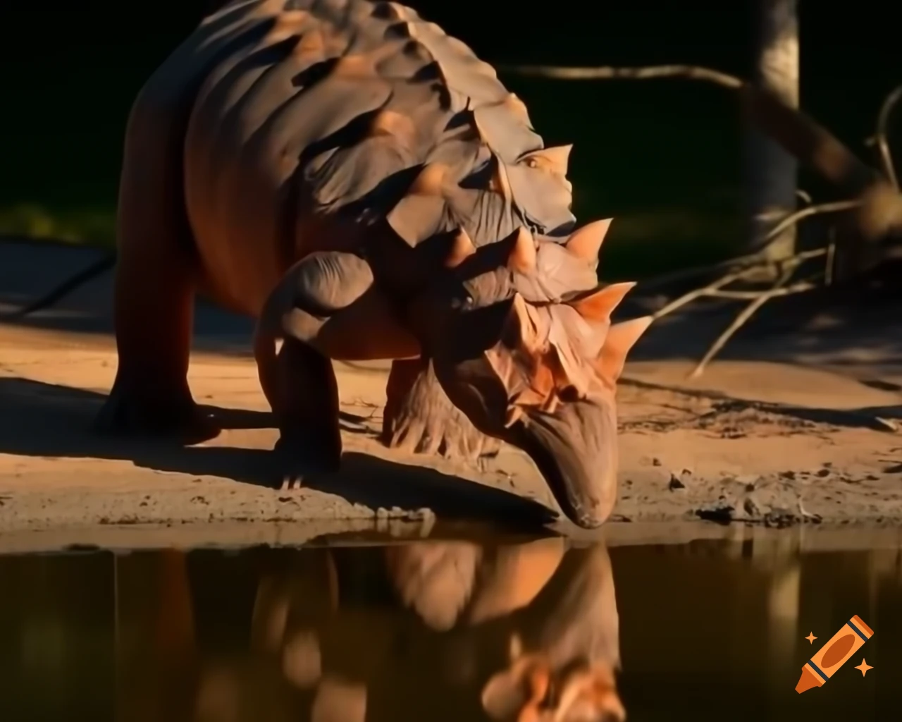 Ankylosaurus drinking in a pond under tree shade in British Columbia