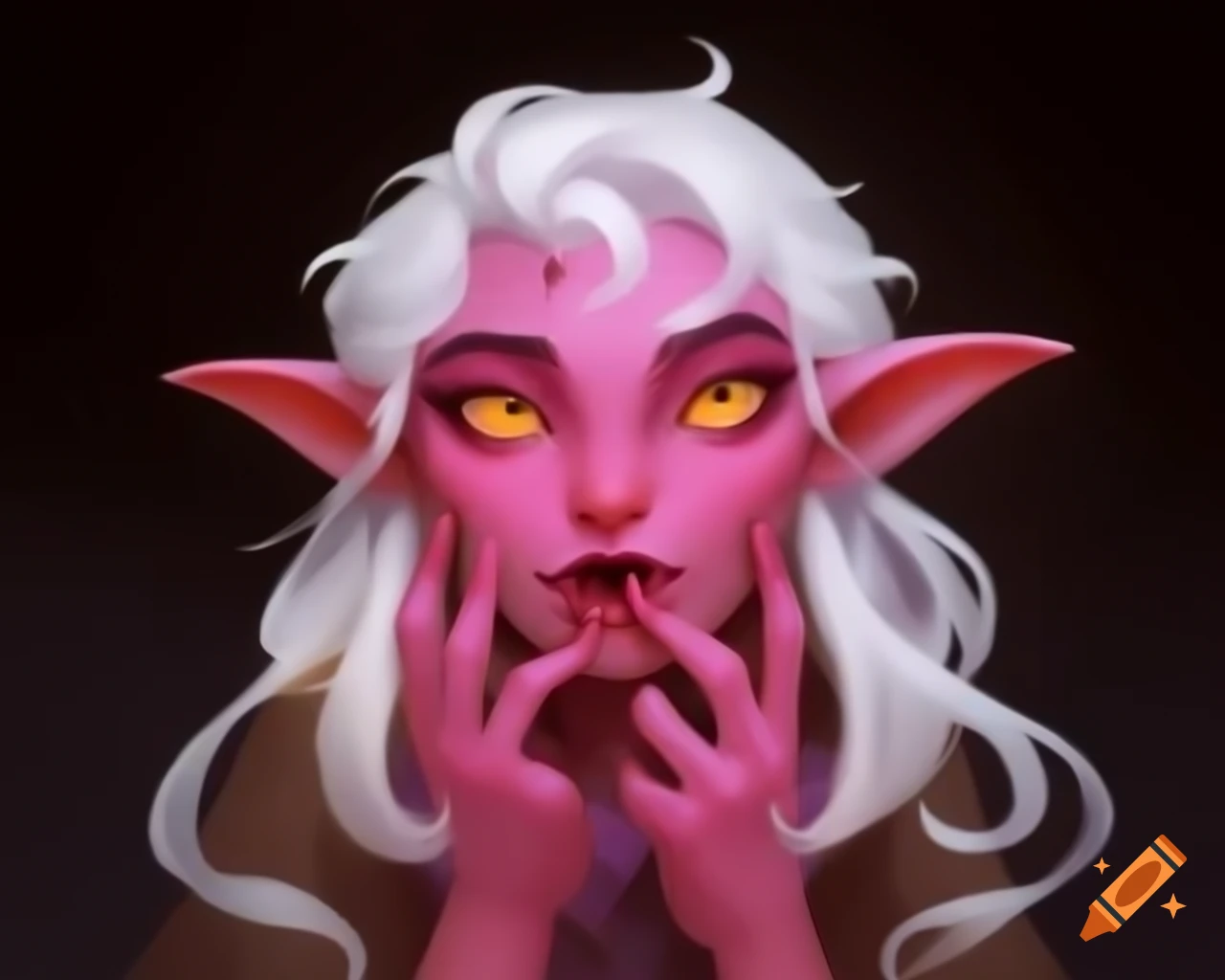 Cartoon tiefling sorcerer with pink skin and white hair casting a spell