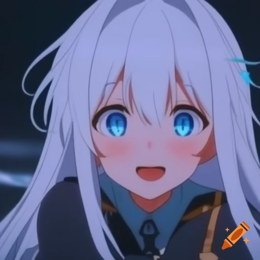 Happy anime girl with long white hair and light blue eyes
