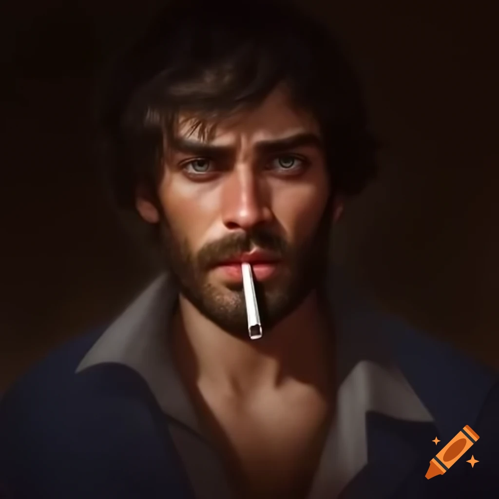 Man with light beard and messy hair, cigarette in mouth, sharp jawline and eyes