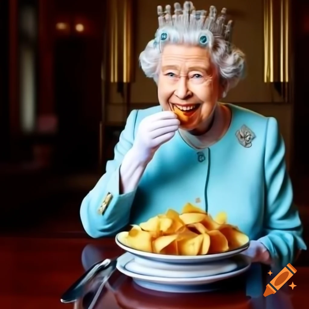 Queen elizabeth ii enjoying potato chips on craiyon