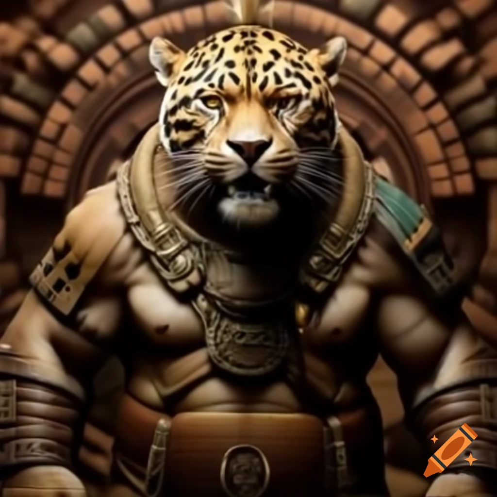Ogre Jaguar hybrid against an Aztec background