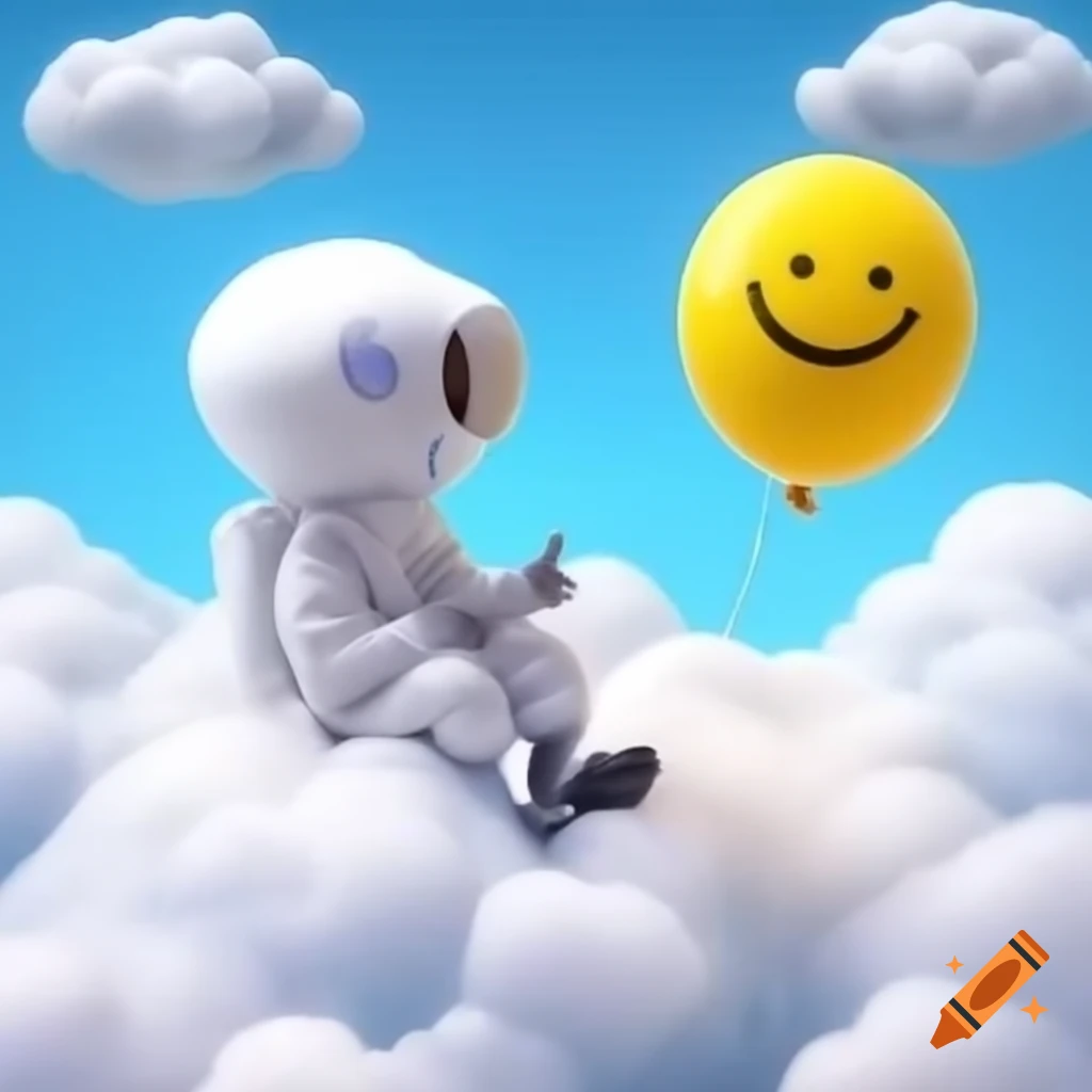 White rapper in hazmat suit sitting in clouds holding yellow balloon and smiling