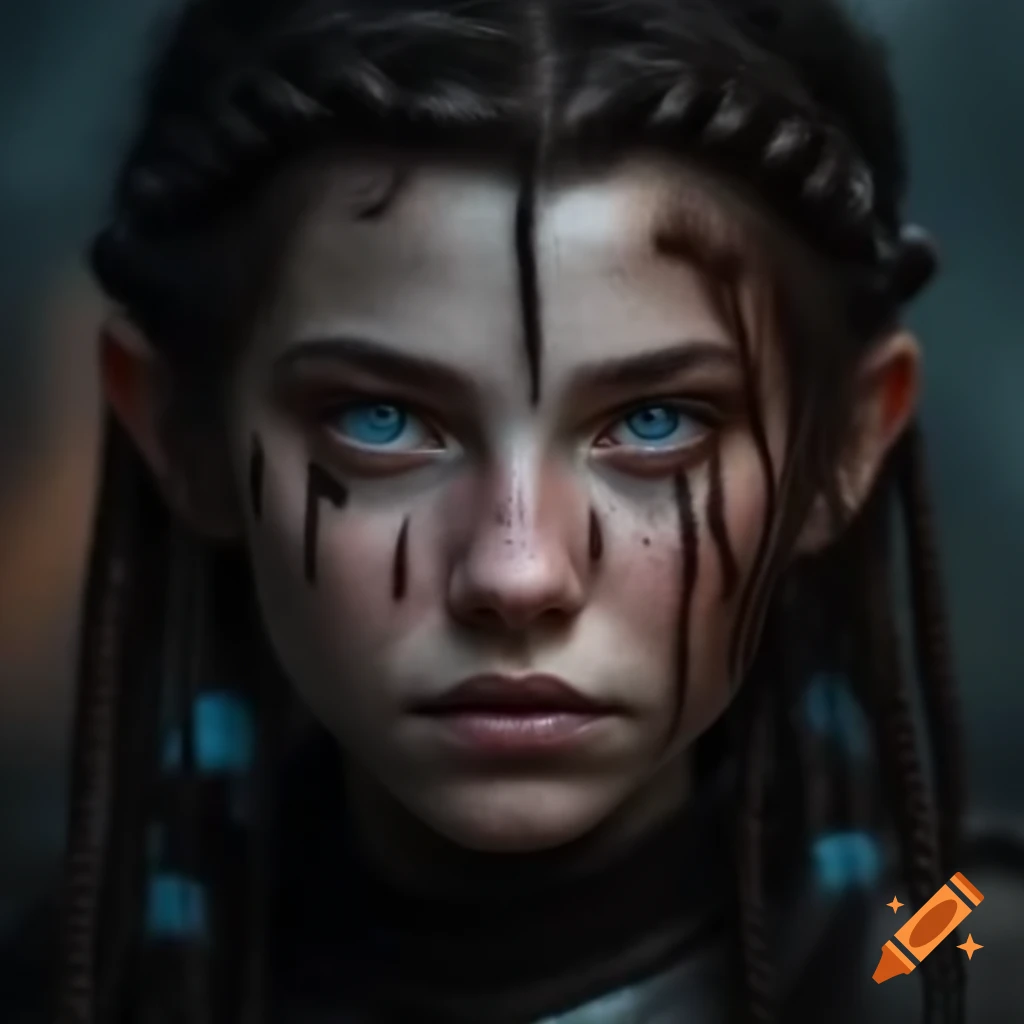 Portrait of a medieval warrior woman with blue eyes and iron helmet