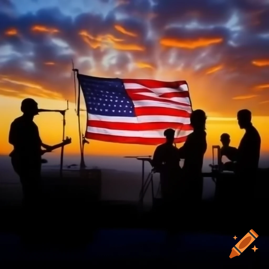 Sunrise landscape featuring American flag and band silhouette