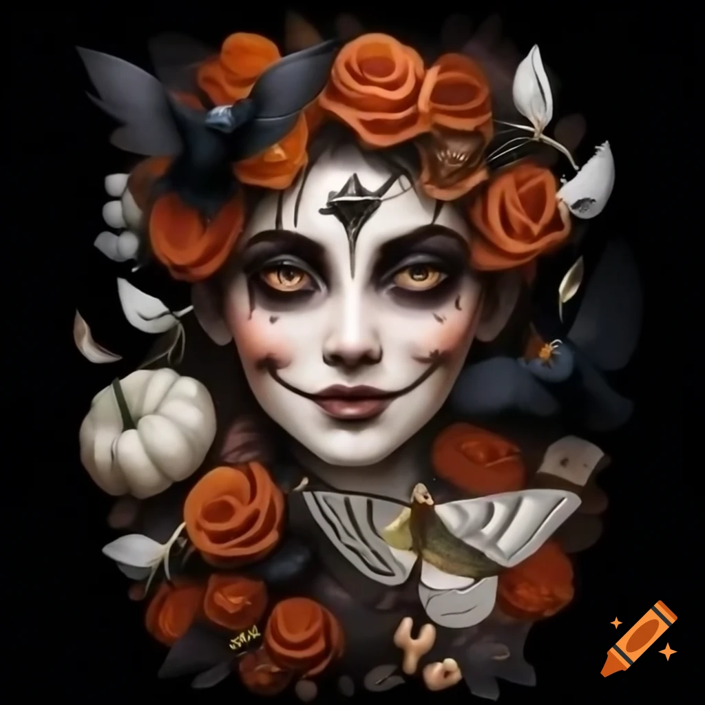 Portrait of a smiling white witch surrounded by dark flowers and bats