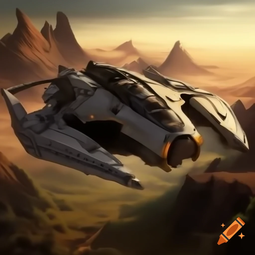 Futuristic spaceship cockpit flying over prehistoric landscape at sunset