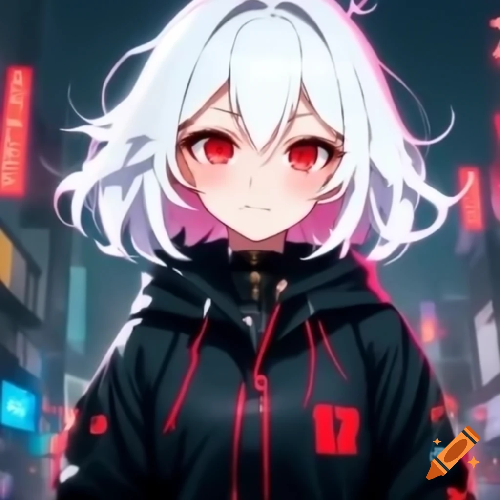 Anime character with red eyes and white hair wearing a black cyber jacket