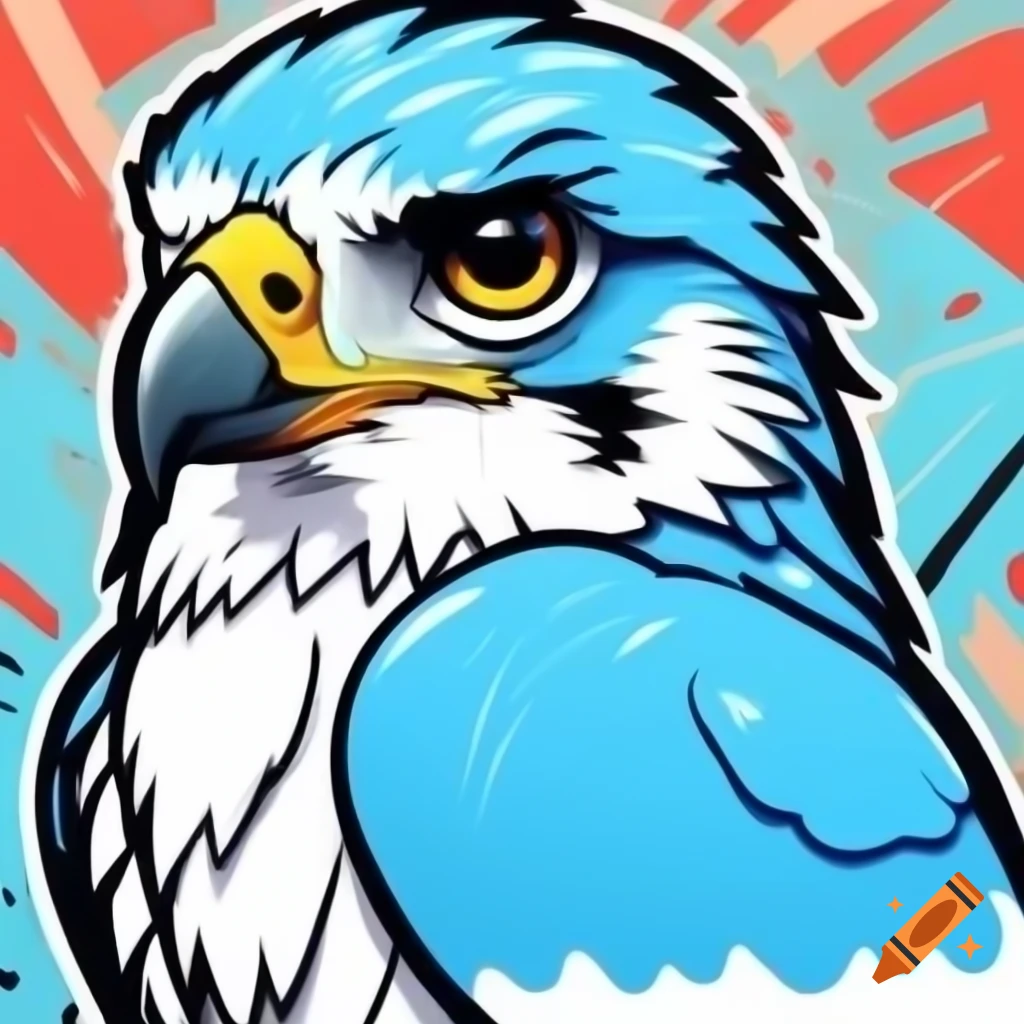 Graffiti style cartoon drawing of blue and white falcon