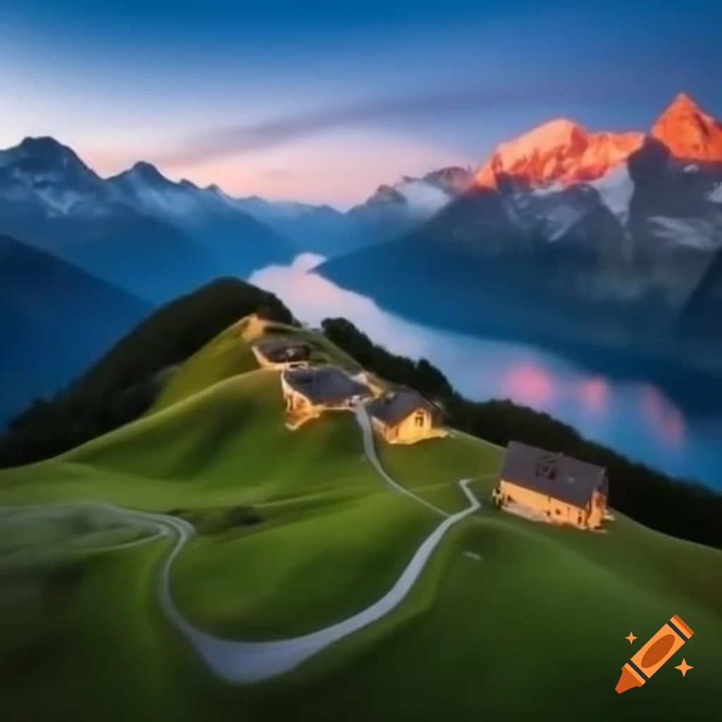 Fire truck by lake in the mountains of Switzerland