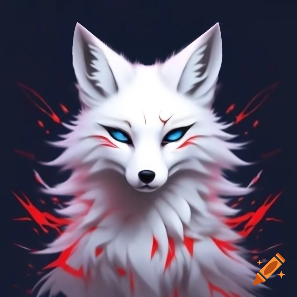 Anime kitsune, a white fox with red specks and blue eyes