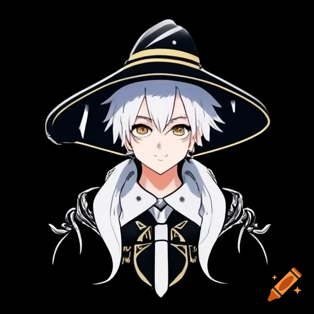 Detailed white-haired anime wizard in black robe and white hat