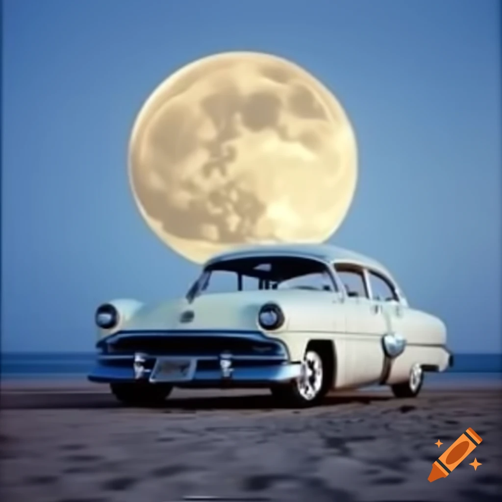 1950s model car on beach under full moon