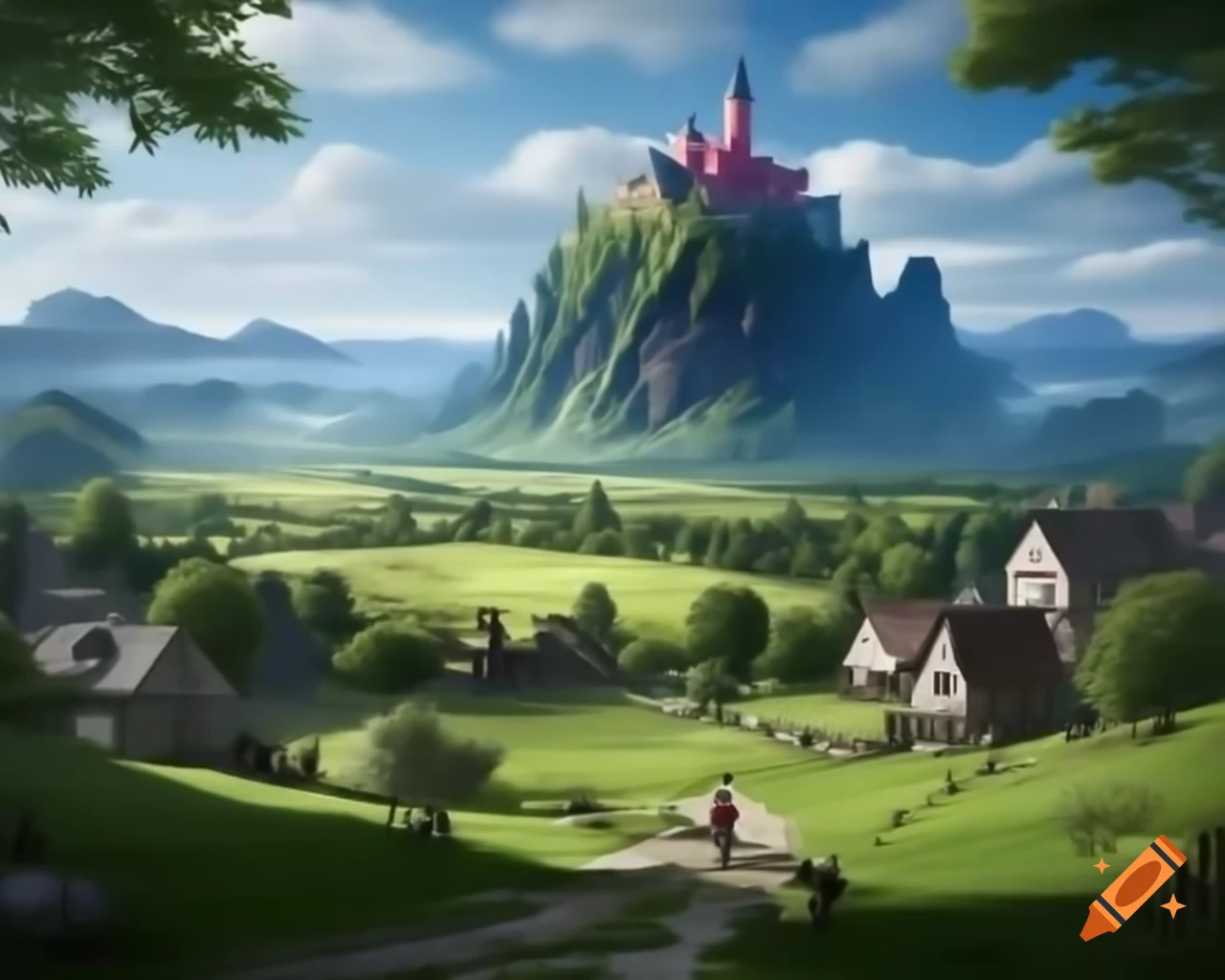 Realistic fantasy landscape with villages, castle, and neon colors in 4K