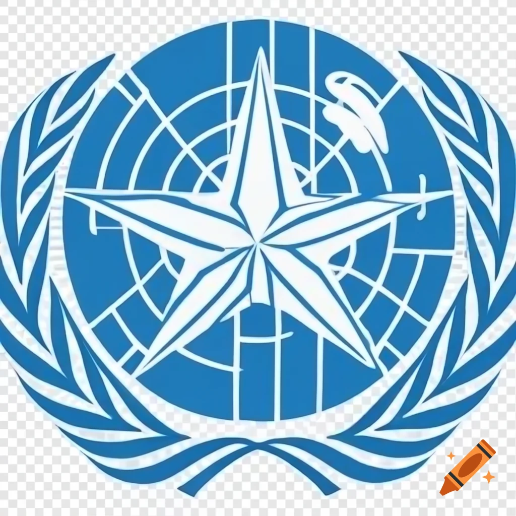 Shield with star and laurel crown in light blue, resembling United Nations logo