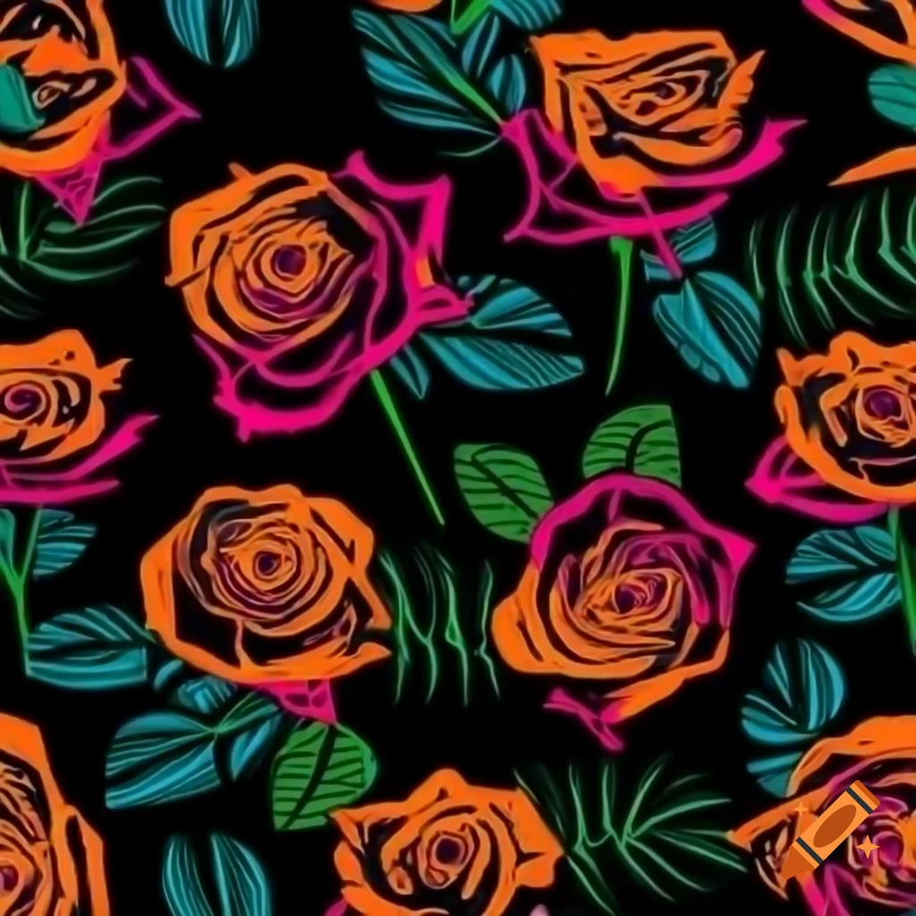 Vibrant seamless pattern of digital roses in urban jungle theme with neon colors