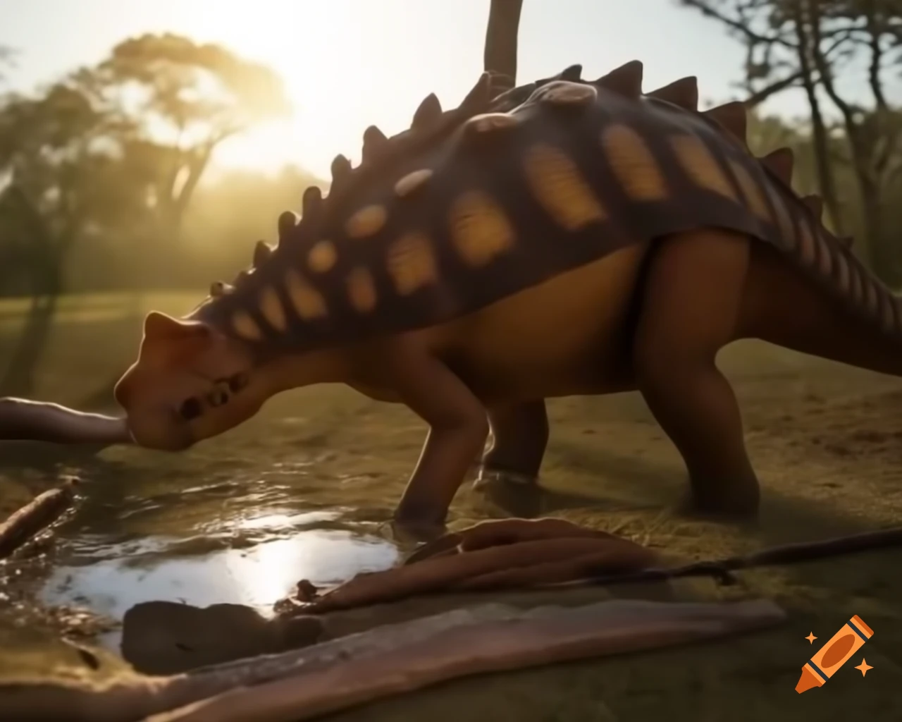 Ankylosaurus drinking in puddle under tree shadow in sunny clearing