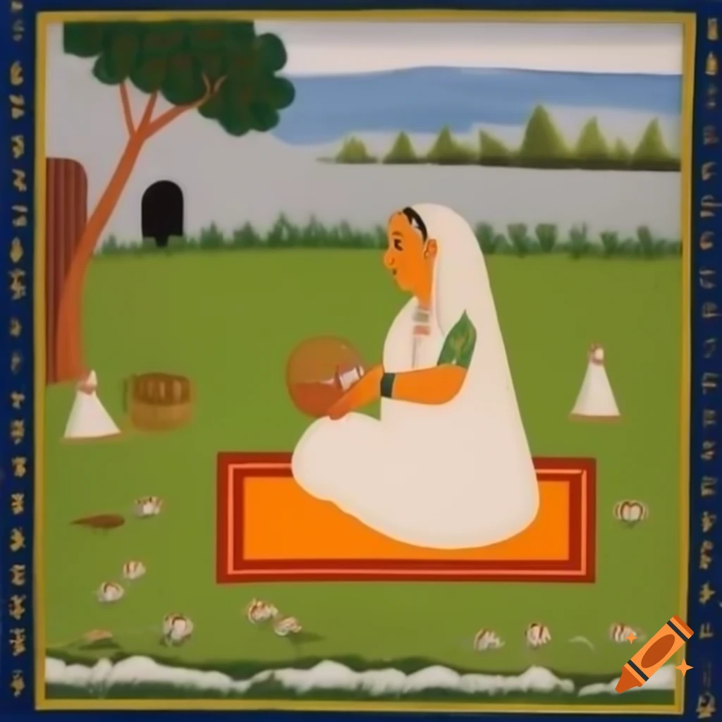 Indian miniature painting of elderly woman in village garden
