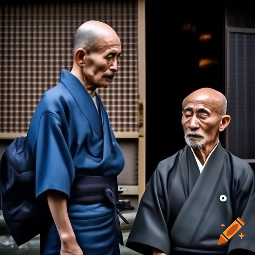 Japanese man and old man talking outside home, serious expressions