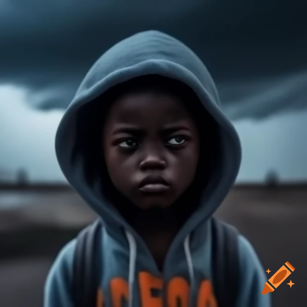 Child in hoodie standing alone in stormy weather