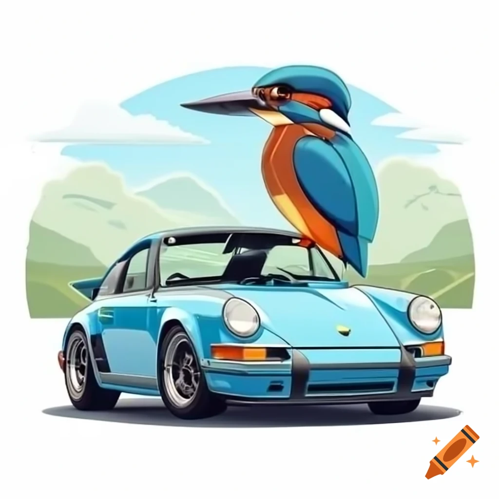 Kingfisher bird perched on vintage Porsche 911