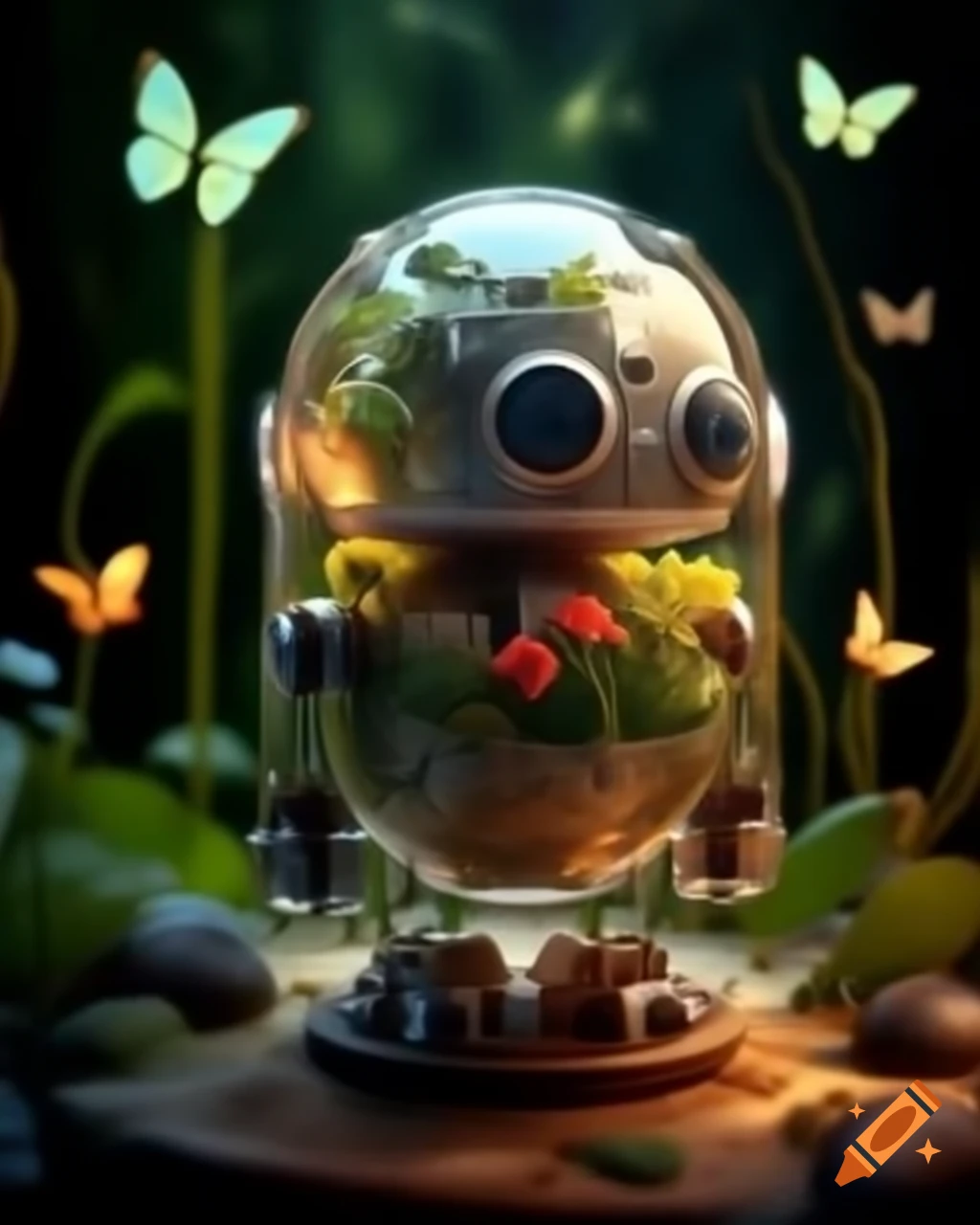 Solarpunk biopunk robot with plants and butterflies, hyper realistic photography