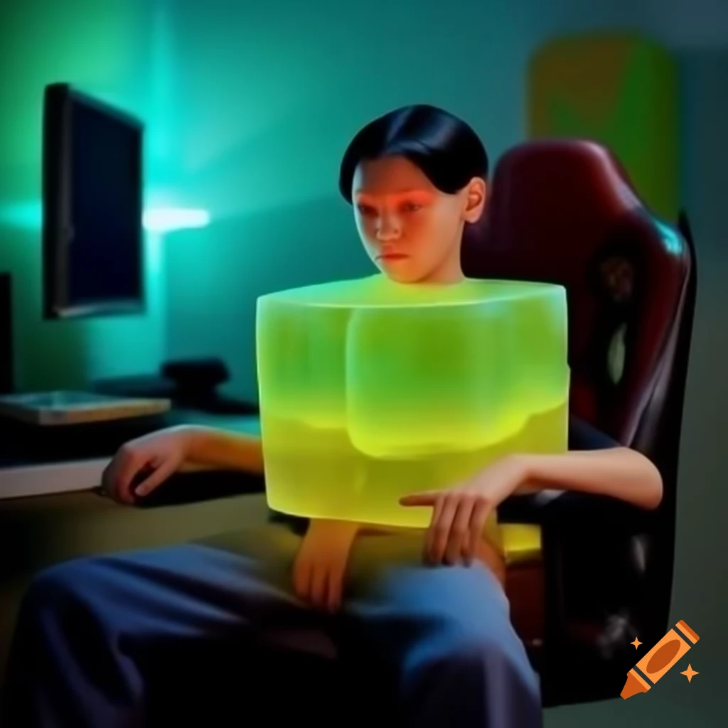 Gelatinous cube character sitting at desktop computer