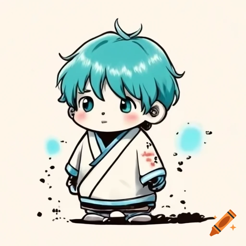 Manga ink sketch of adorable traditional Japanese cyborg with cyan eyes and hair