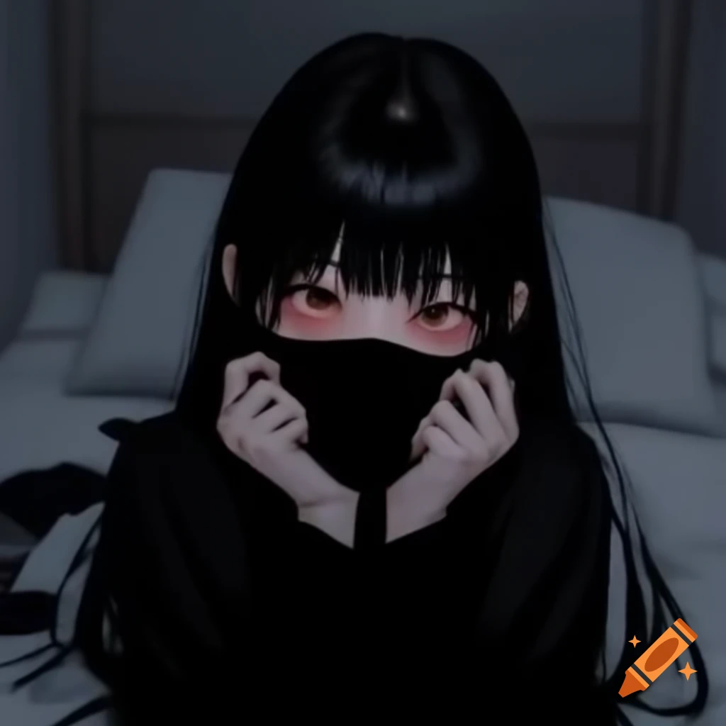 Japanese girl in black face mask and hoodie in a gloomy bedroom setting