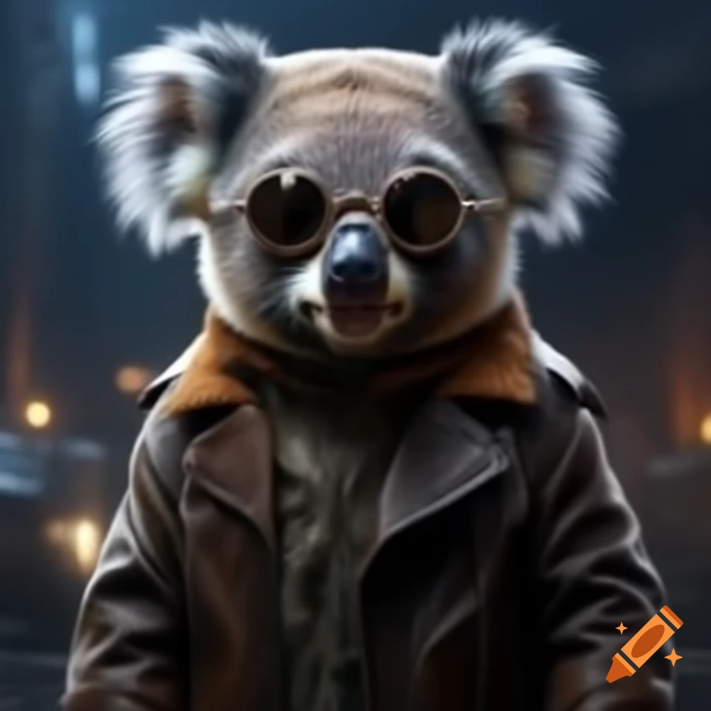 Anti-hero koala in leather coat and sunglasses in rainy dystopian setting