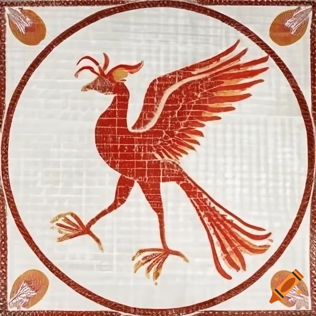 Ancient Roman mosaic depicting red phoenix on white background