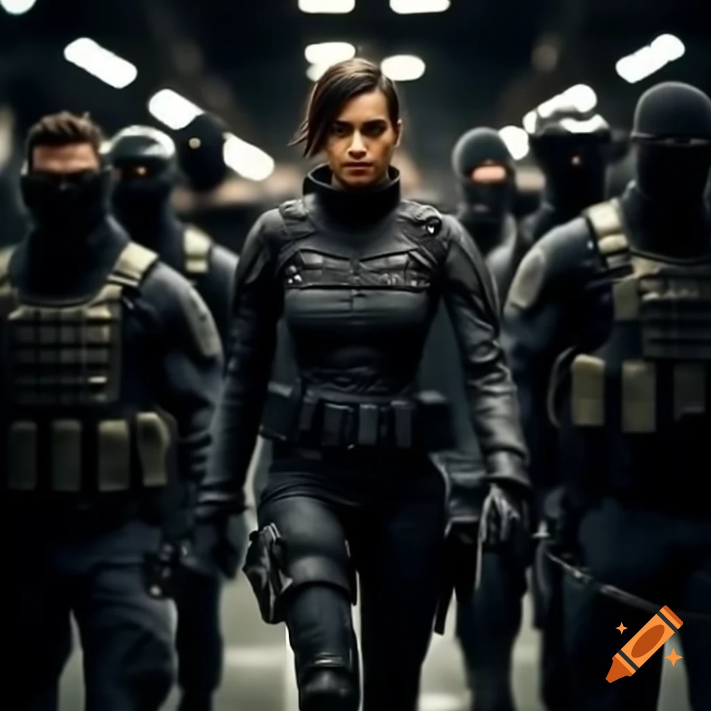 Tactical squad in black outfits moving through dark hall