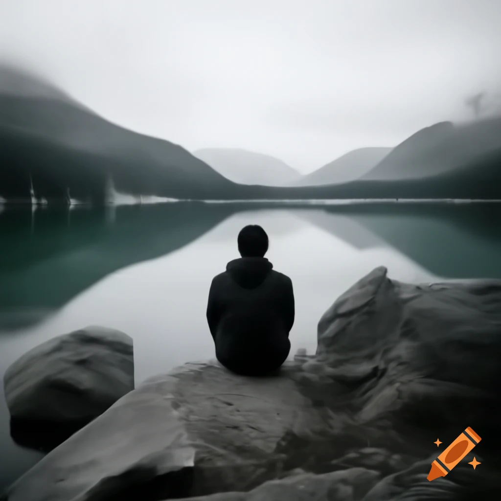 Man sitting by the lake in poster art style