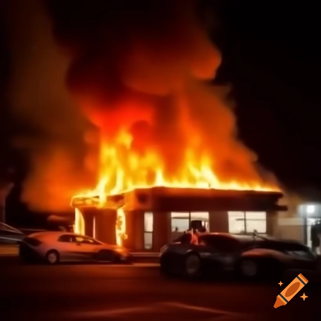 Chaotic scene of Taco Bell on fire with flames and blaring alarms