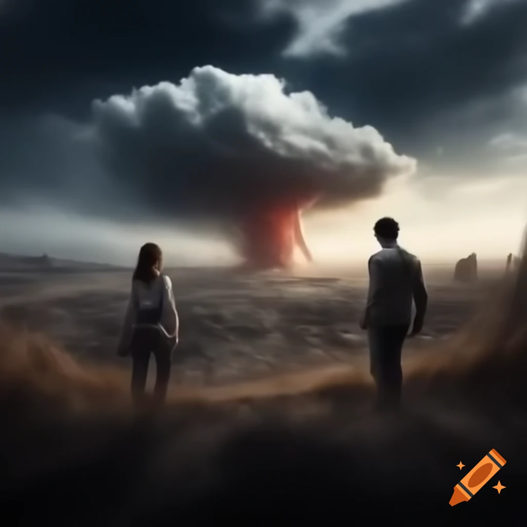 Couple holding hands in post-apocalyptic landscape viewed from a hill