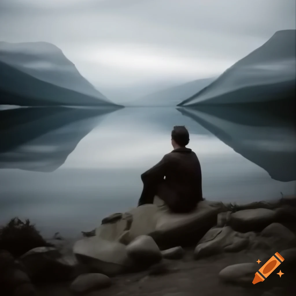 Man sitting by the lake in poster art style
