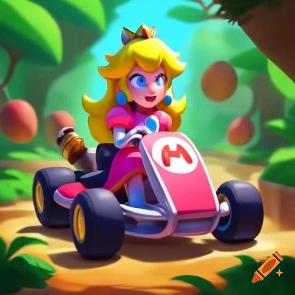 Princess Peach driving in Mario Kart through a vibrant jungle