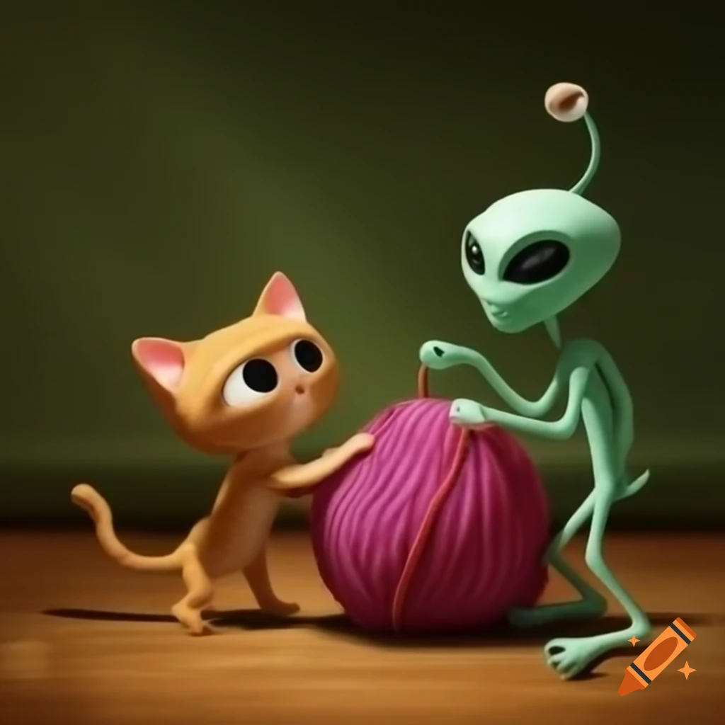 Cat and alien playing with ball of yarn