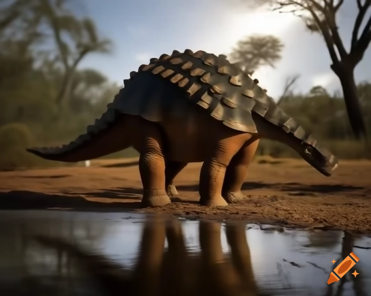 Ankylosaurus drinking in puddle under tree shadow in sunny clearing