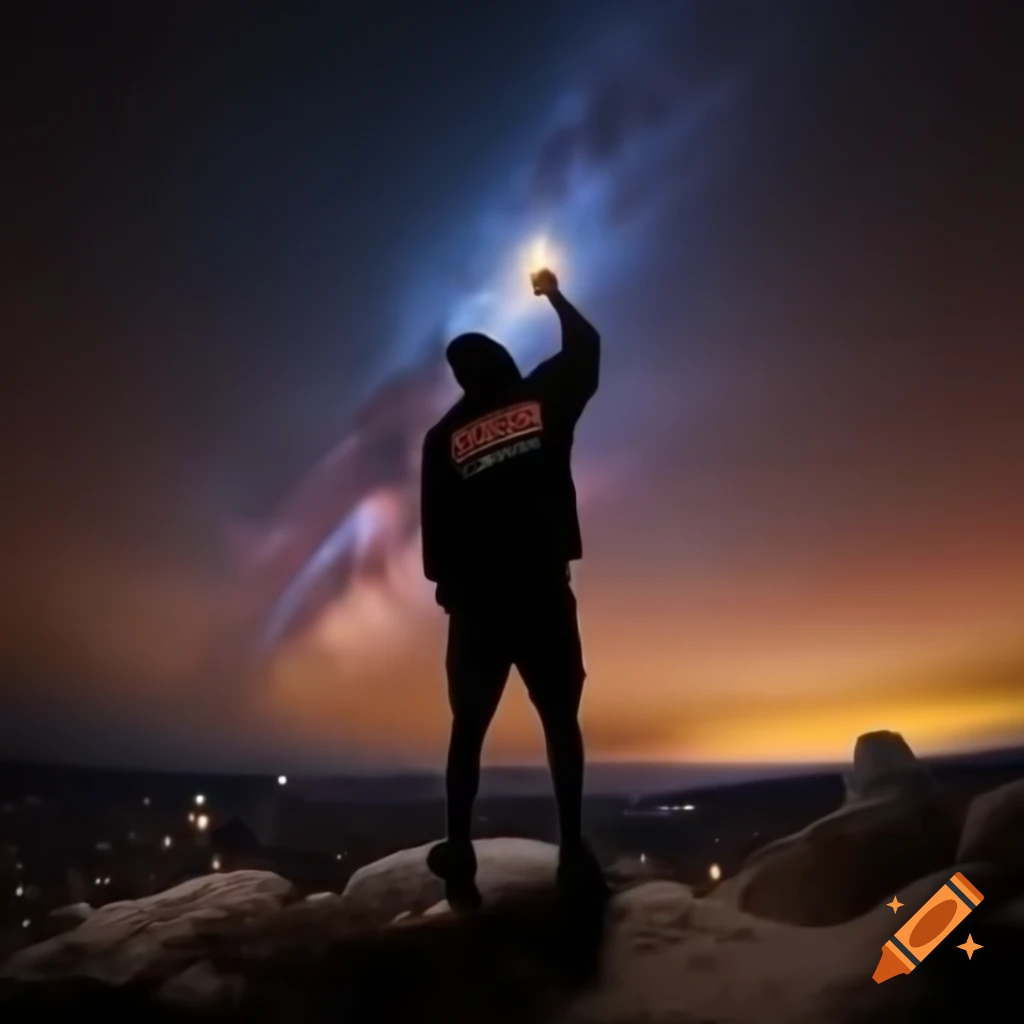 Hip hop artist lifting the sky to reveal a shining gold star
