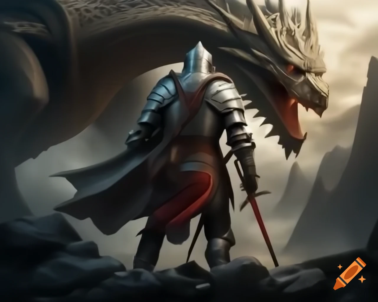 Photo realistic view of crusader knight with flail facing dragon