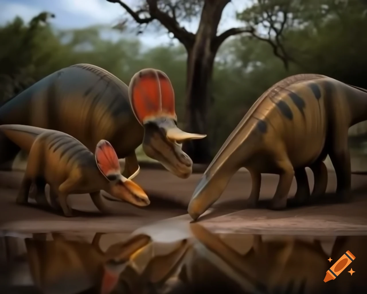 Hadrosaurus and sandgrouses in sunny clearing by tree