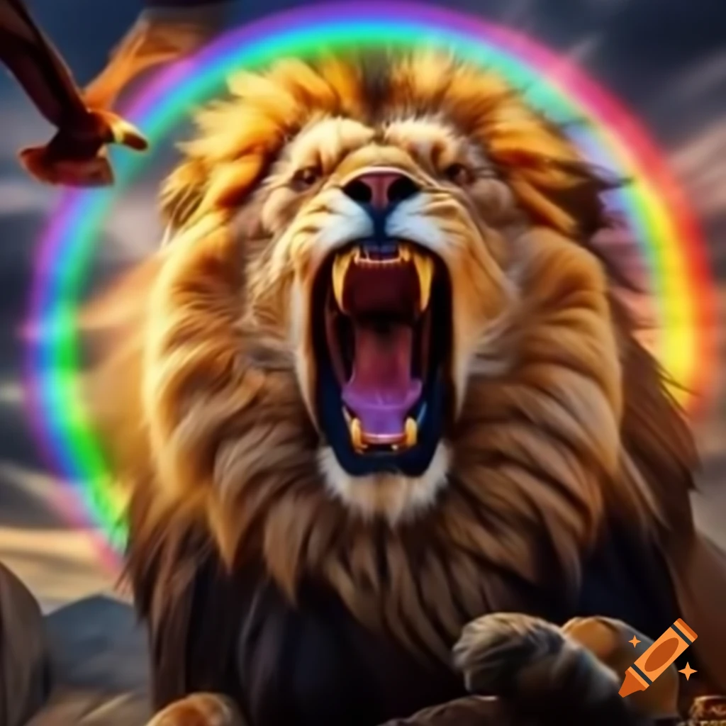 Male lion roaring with rainbow circle and eagle flying overhead